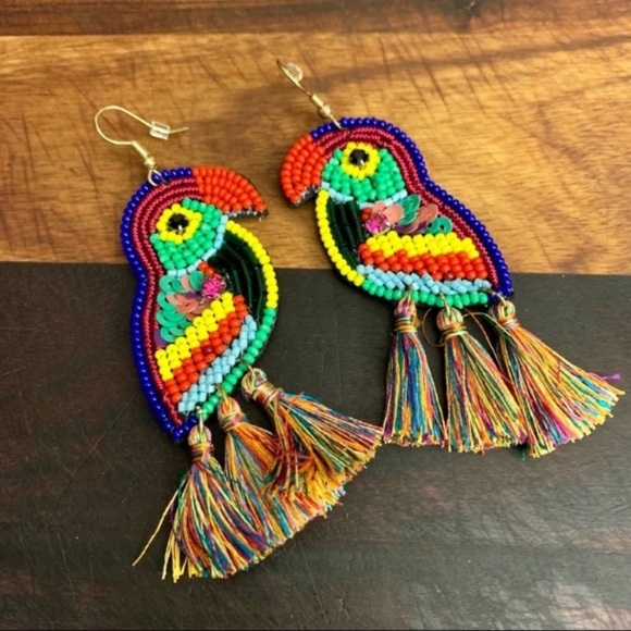 Multi Bead Sequin Parrot Tassel Dangler Earrings Red/Purple Multi - Picture 2 of 5